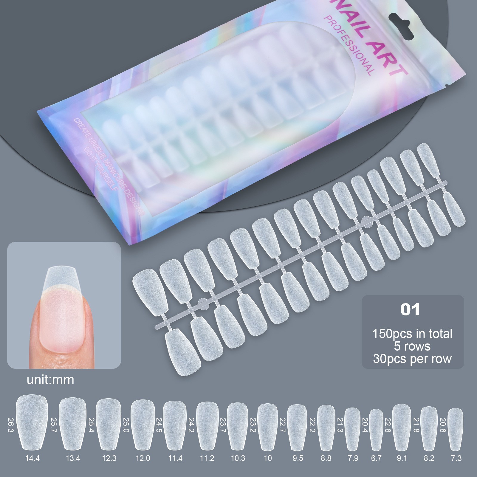 150Pcs Ballerina Coffin Square Matte Nail Art Tips Full Cover False Nails 15Size