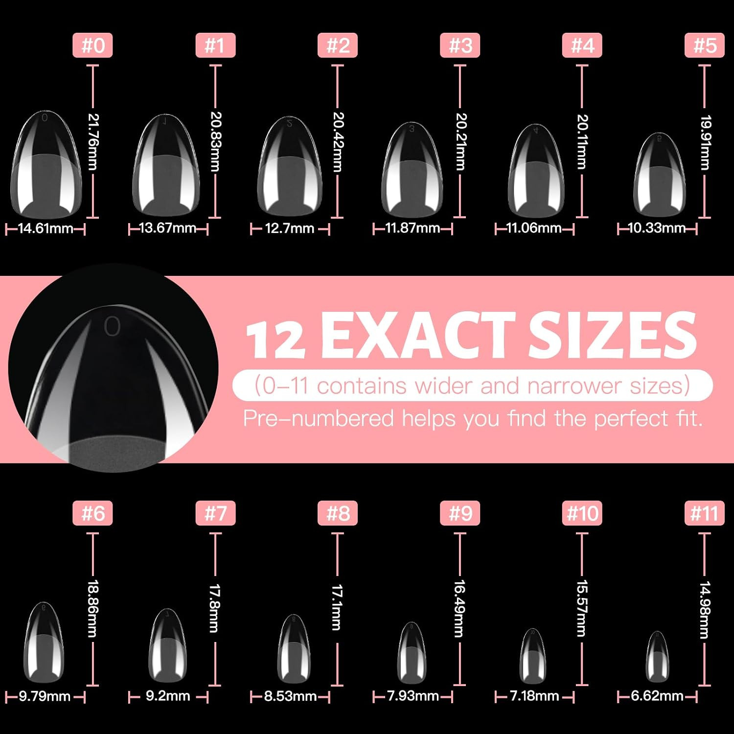Medium Almond Gel Nail Tips, 240Pcs Pre Etched Clear Fake Nails Tips Almond Shap