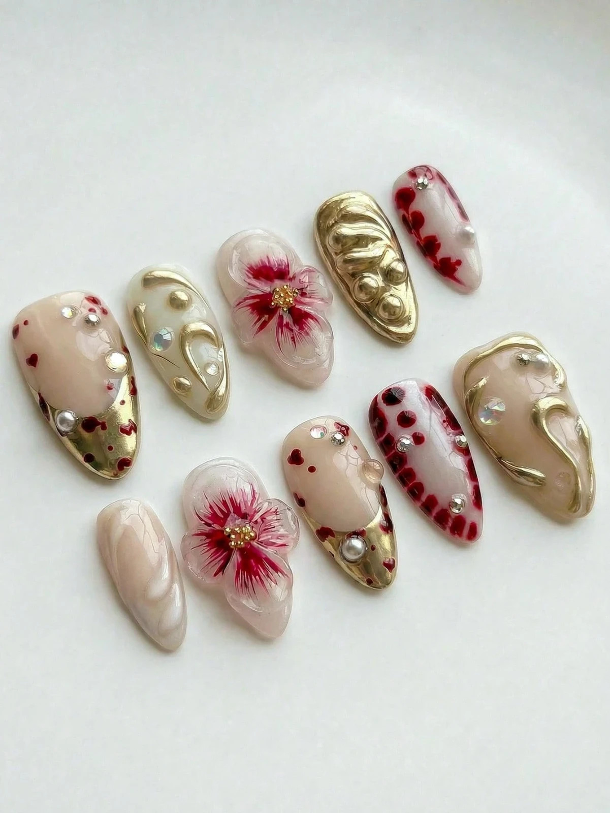 10PCS Handmade Almond Press On Nails Zebra Tortoise French Metal Charms Reusable