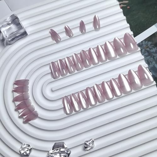 KQueenest Pastel Pale Pink Cat Eye Press On Nails, 30 Pcs 15 Sizes Shiny