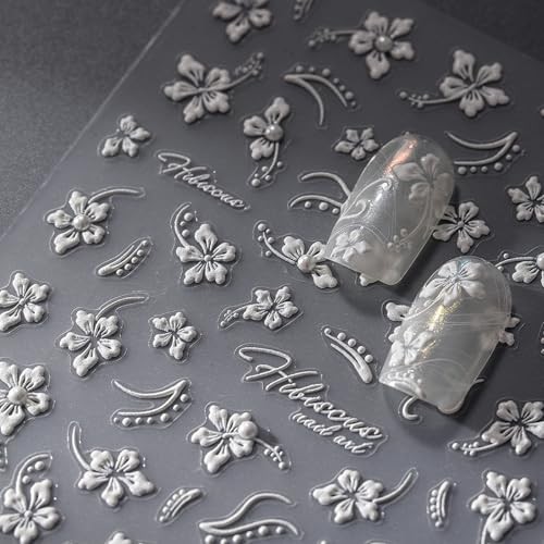 White Hibiscus Flower Nail Stickers 5D Embossed Self-Adhesive Floral Pearl