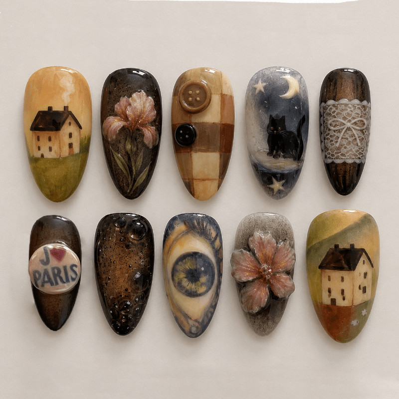 48Pcs Vintage Painting House Cat Oval Press on Nails, Artistic Gothic Fake Nails