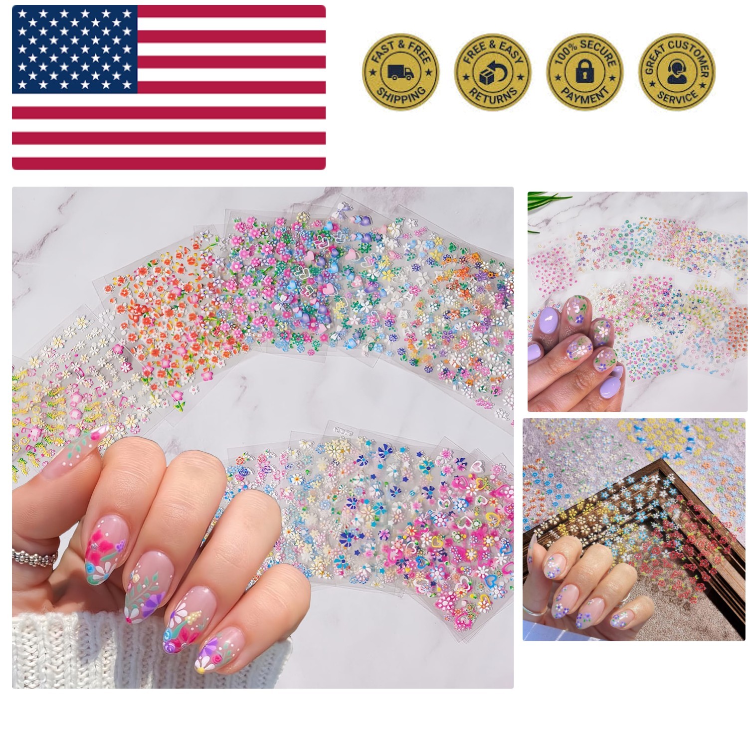 30 Sheets Flowers Nail Art Stickers Decals 3D Self-Adhesive Colorful Flower R…