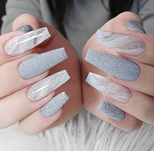 24 pcs Coffin Press on Nails Long Fake Nails 0.04 Fl Oz (Pack of 24) PN03Gray