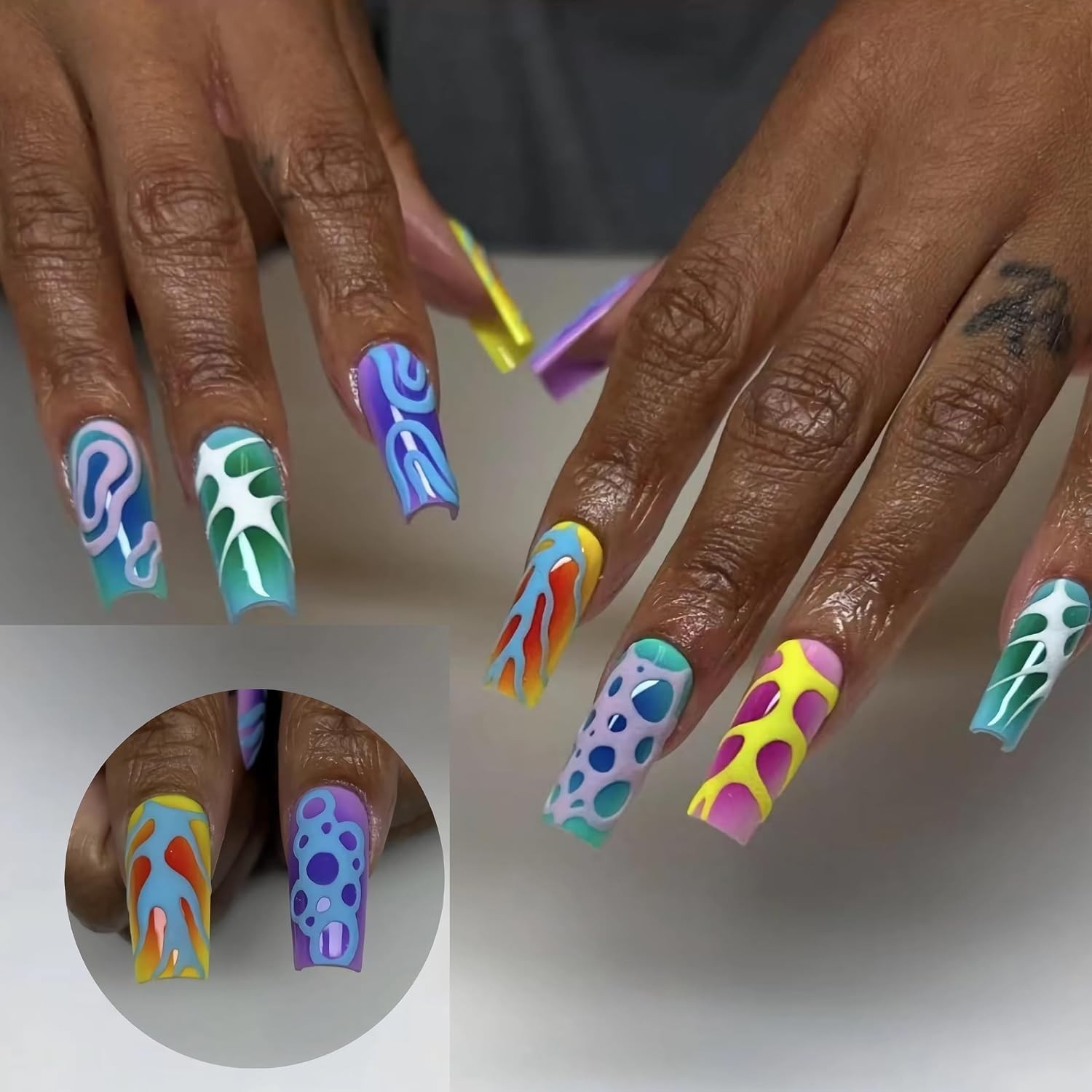 Press on Nails Long Square Fake Nails Blue Purple Ombre Glue on Nails Y2k Col…