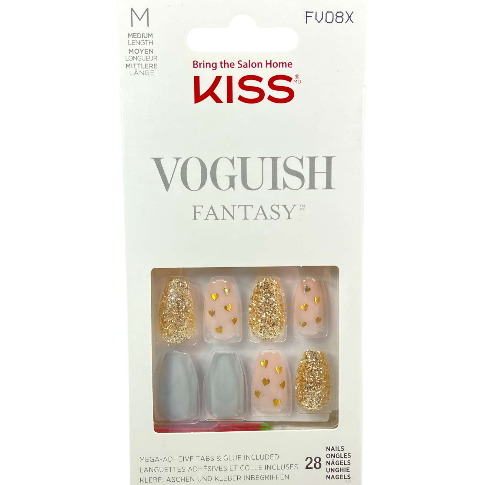 NEW Kiss Nails Voguish Fantasy Press Glue Manicure Medium Coffin Pink Gold Heart