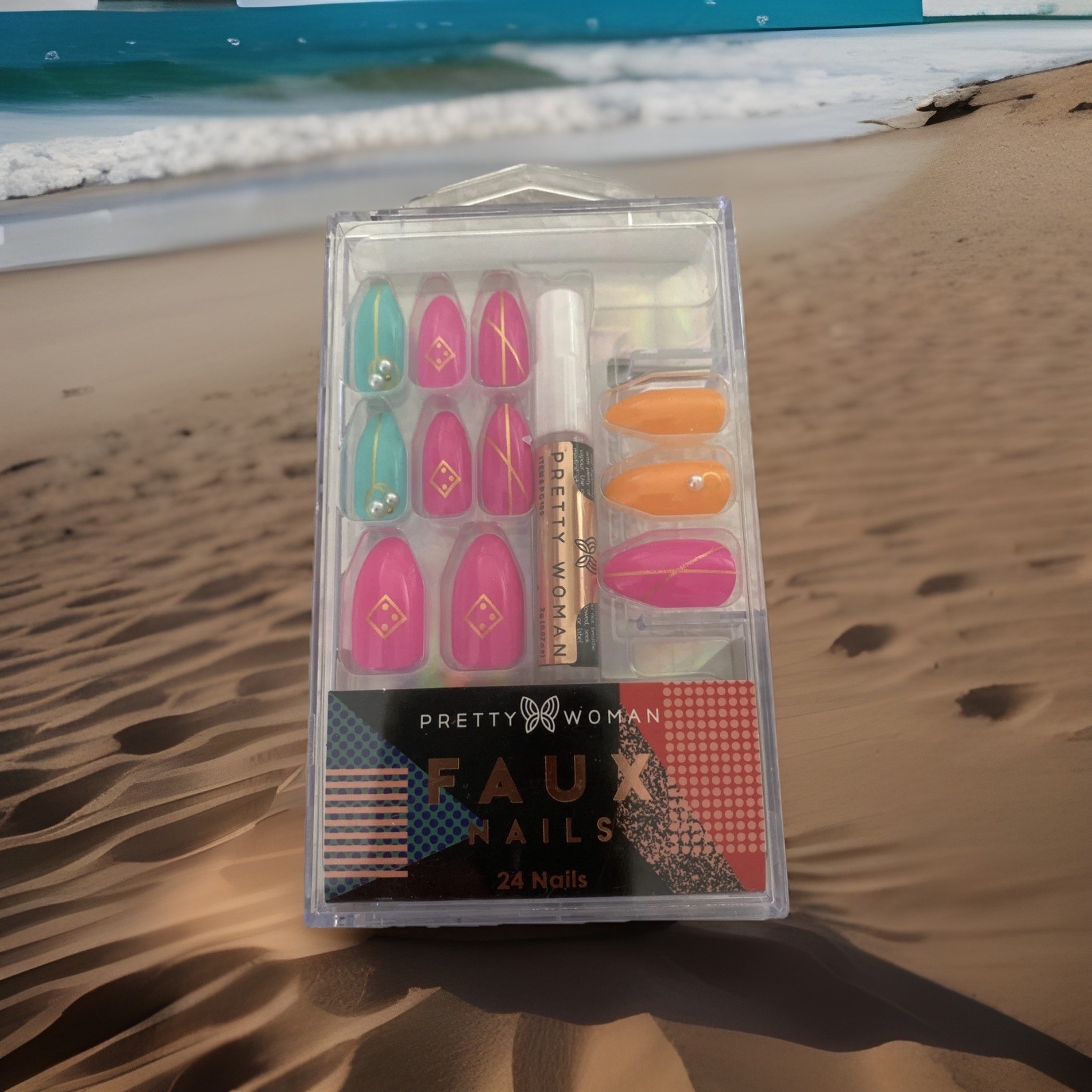 Pretty Woman Faux Nails Pink Teal Pearl Bling Glue On Almond Summer 24