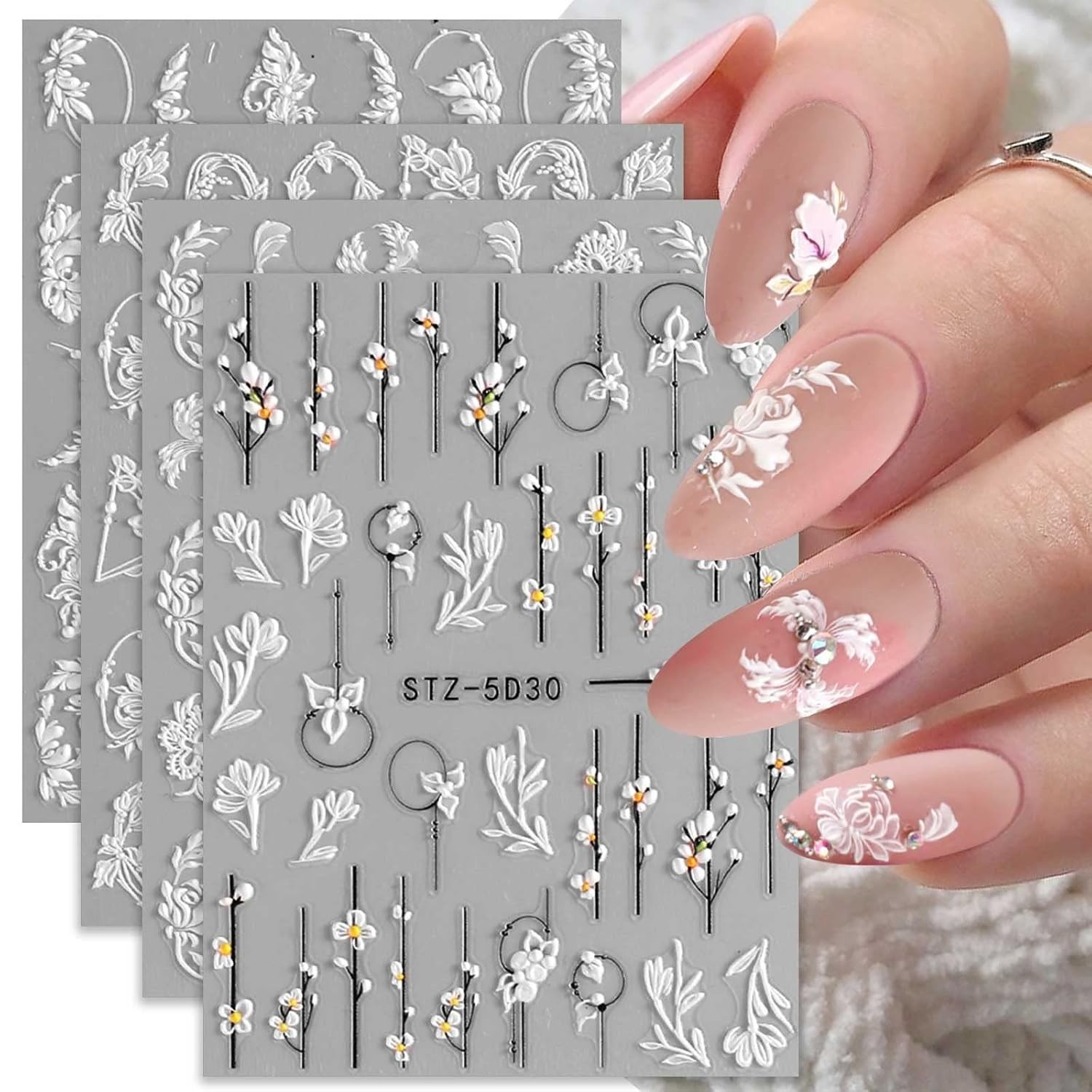5D Spring Embossed Flower Nail Art Stickers 4 Sheets Real Self-Adhesive Decal…
