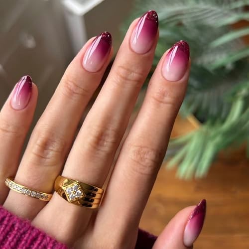 Purple Ombre Press on Nails Almond Fake Nails Purple French Medium Style-4