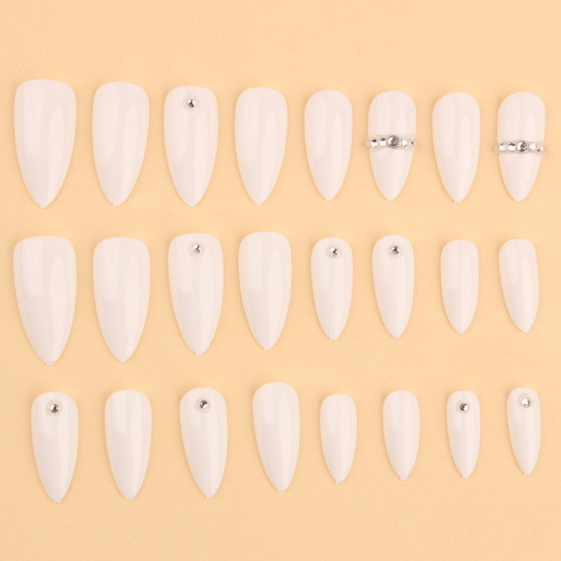48pcs Almond Press on Nails, Milky White Chain Rhinestone Minimal Gloss Nails