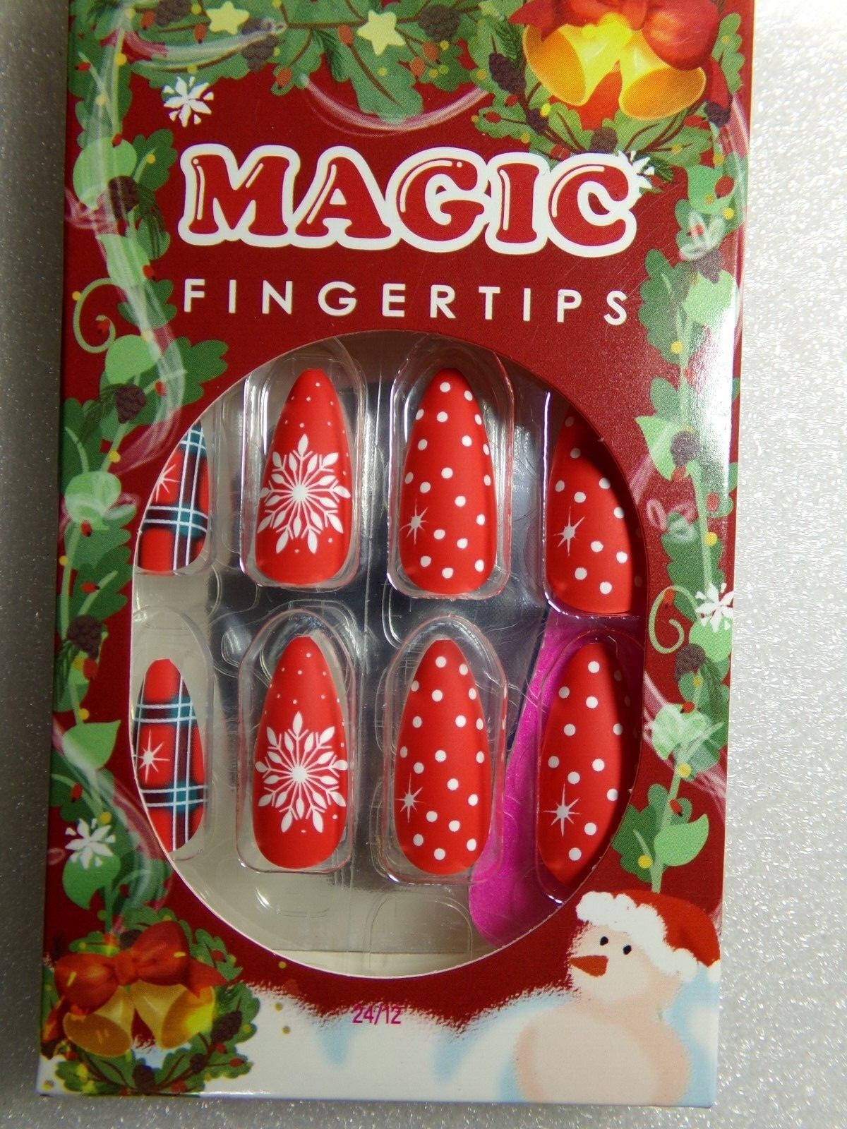 Magic Matte Red Plaid & Snowflakes Accent Glue on Nail Long
