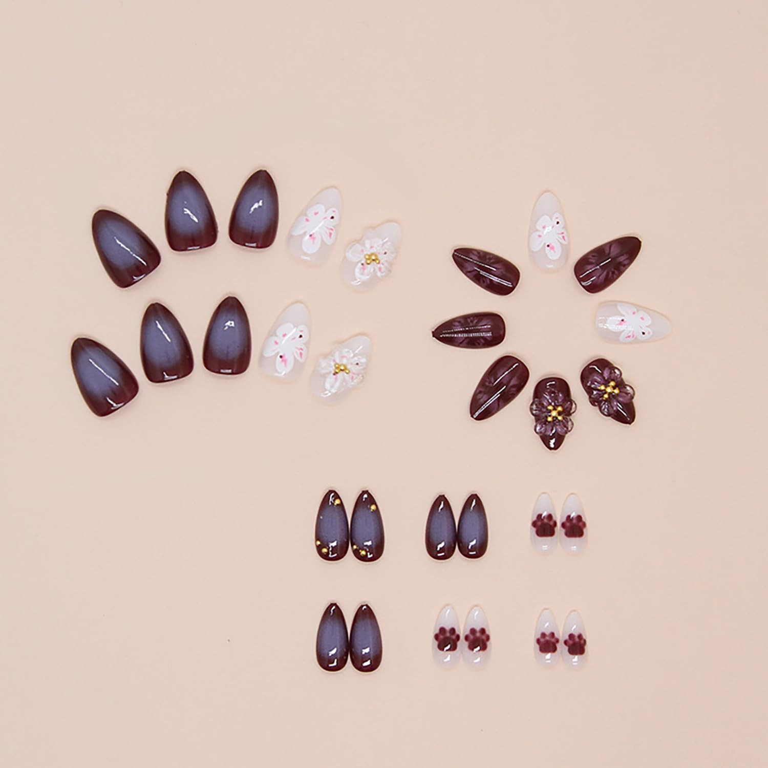 Press on Nails Medium Length Almond Shaped 3D Flower False Nails with Gold Rhine