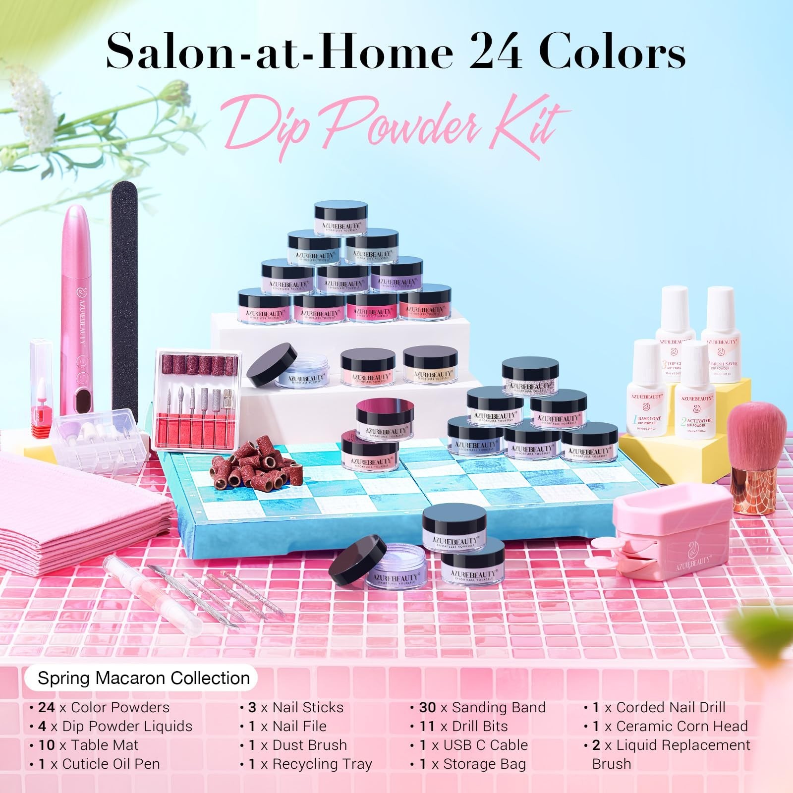 AZUREBEAUTY Dip Powder Nail Kit with Electric Nail Drill 24 Colors Spring Sum…