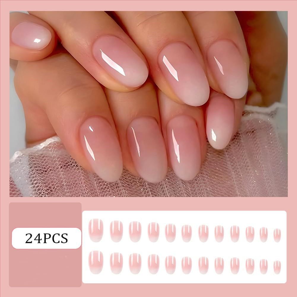 Almond Press on Nails Short Squoval Fake Nails Pink Ombre White False Nails with