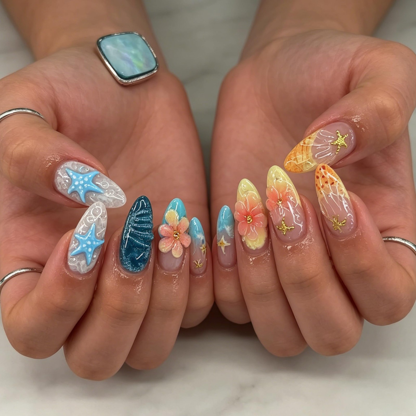 Tephrent French Tip Press on Nails Medium Almond Beach Flowers