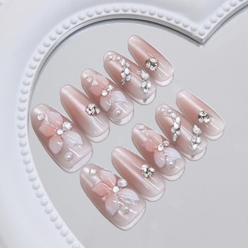 30Pcs Lily Flower Press on Nails Medium Length Rhinestones and Glitter
