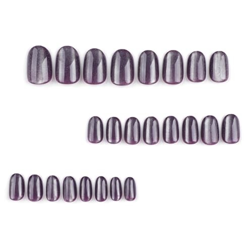 Press on Nails Cat Eye Oval Extra Short Fake Nails with Designs Bling Purple
