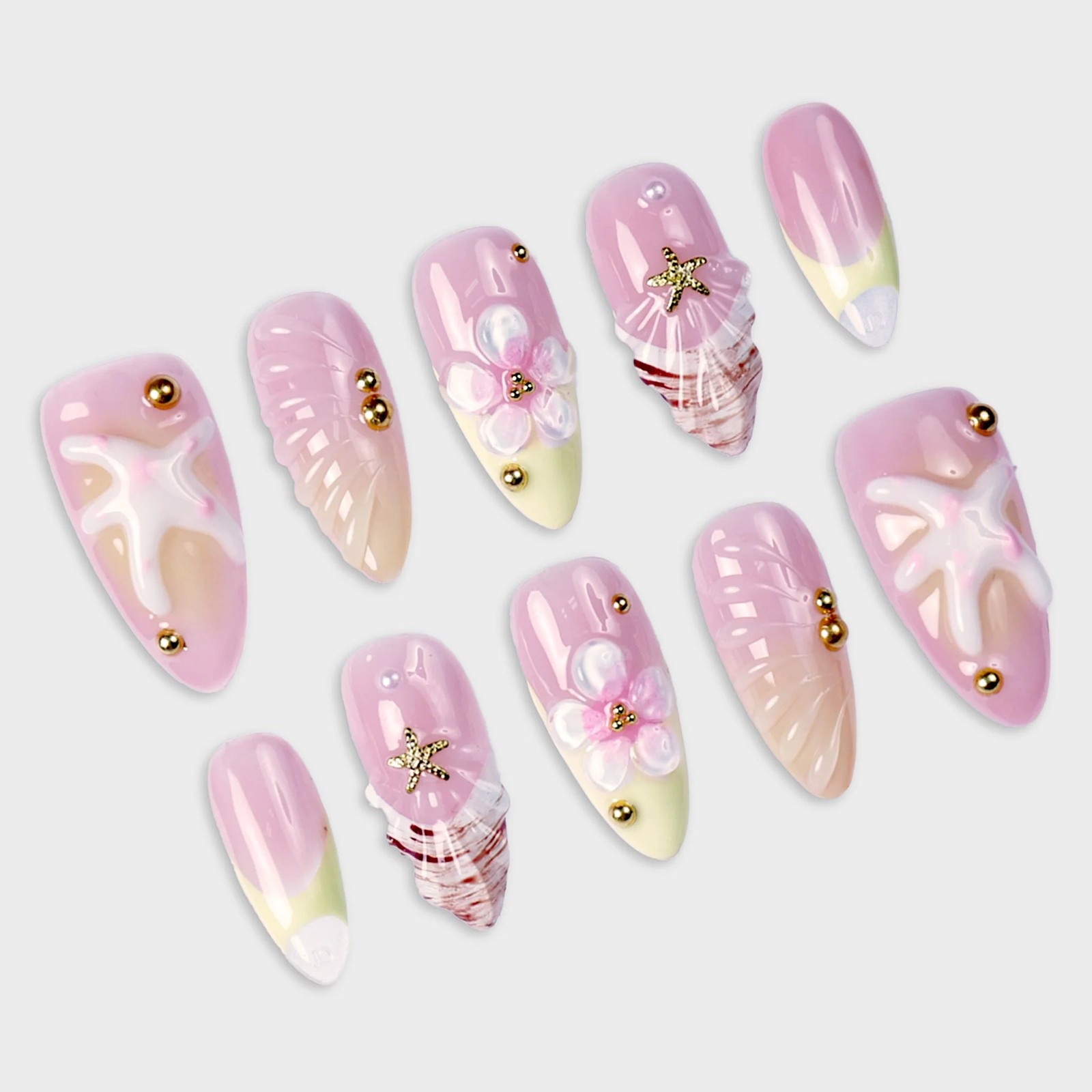 SIYOU Coral Shore Almond Pink, Yellow & Gold Press-On Nails 10pc