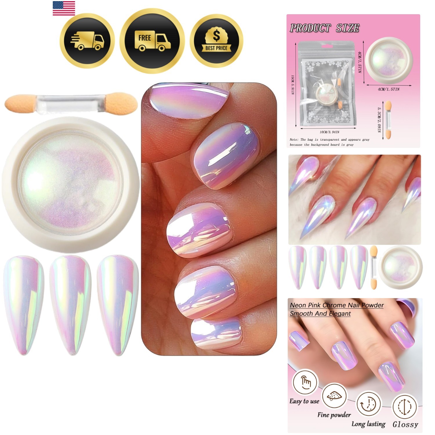 Holographic Unicorn Chrome Nail Powder, Aurora Rainbow Neon Nail Pigment Merm…