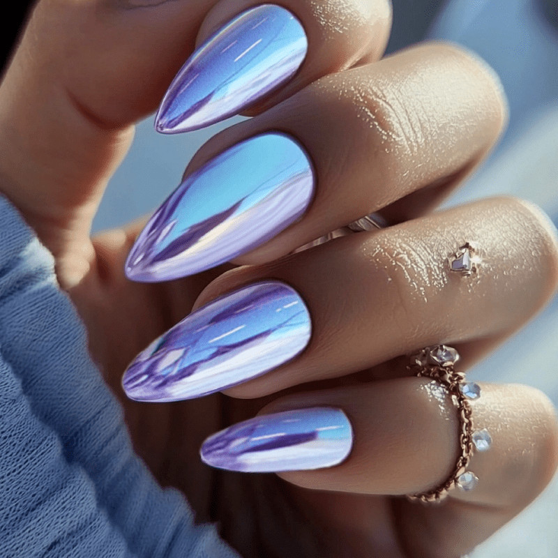 48P Long Almond Press on Nails, Purple Blue Chrome Mirror Trendy Fake Nails