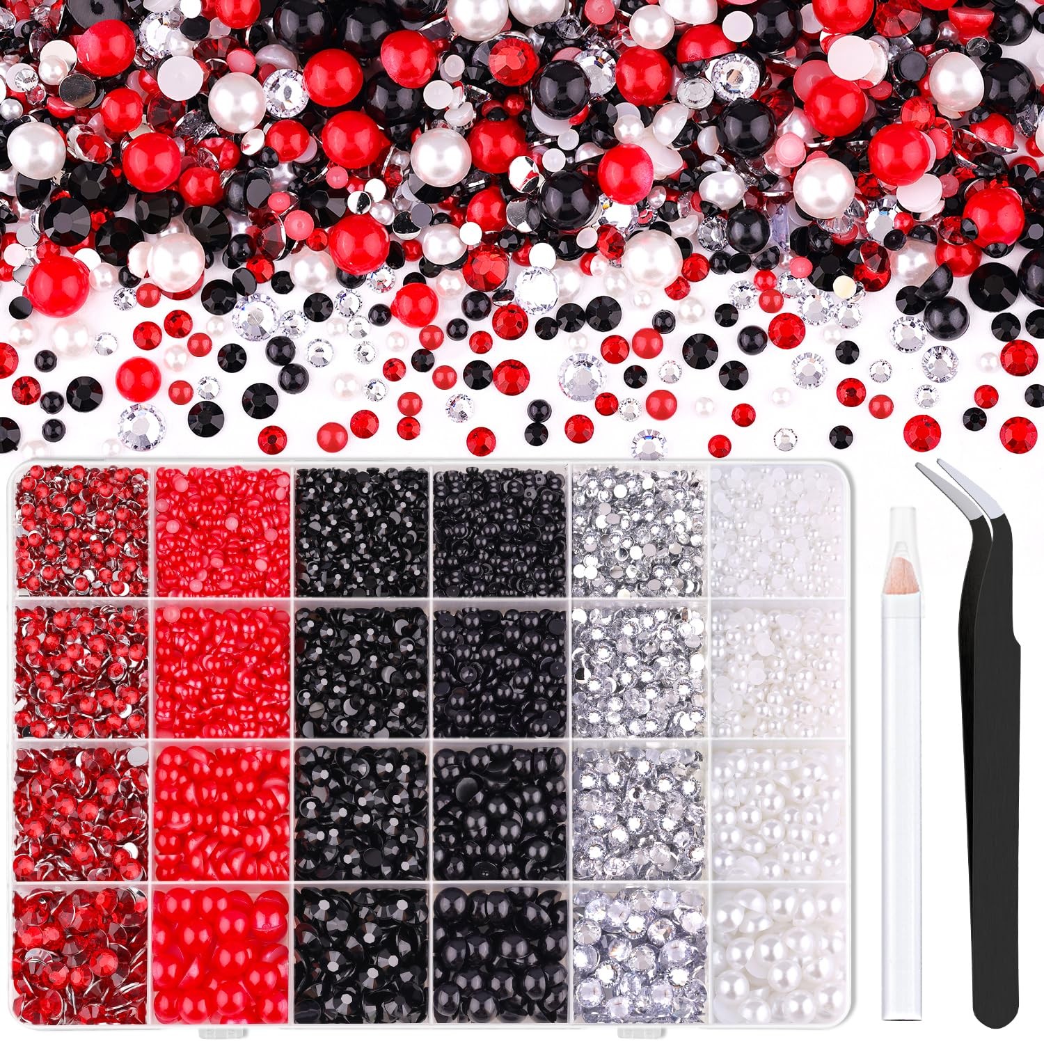 14000PCS Flatback Pearls and Rhinestones for Bedazzling, Red White Black Mixe…