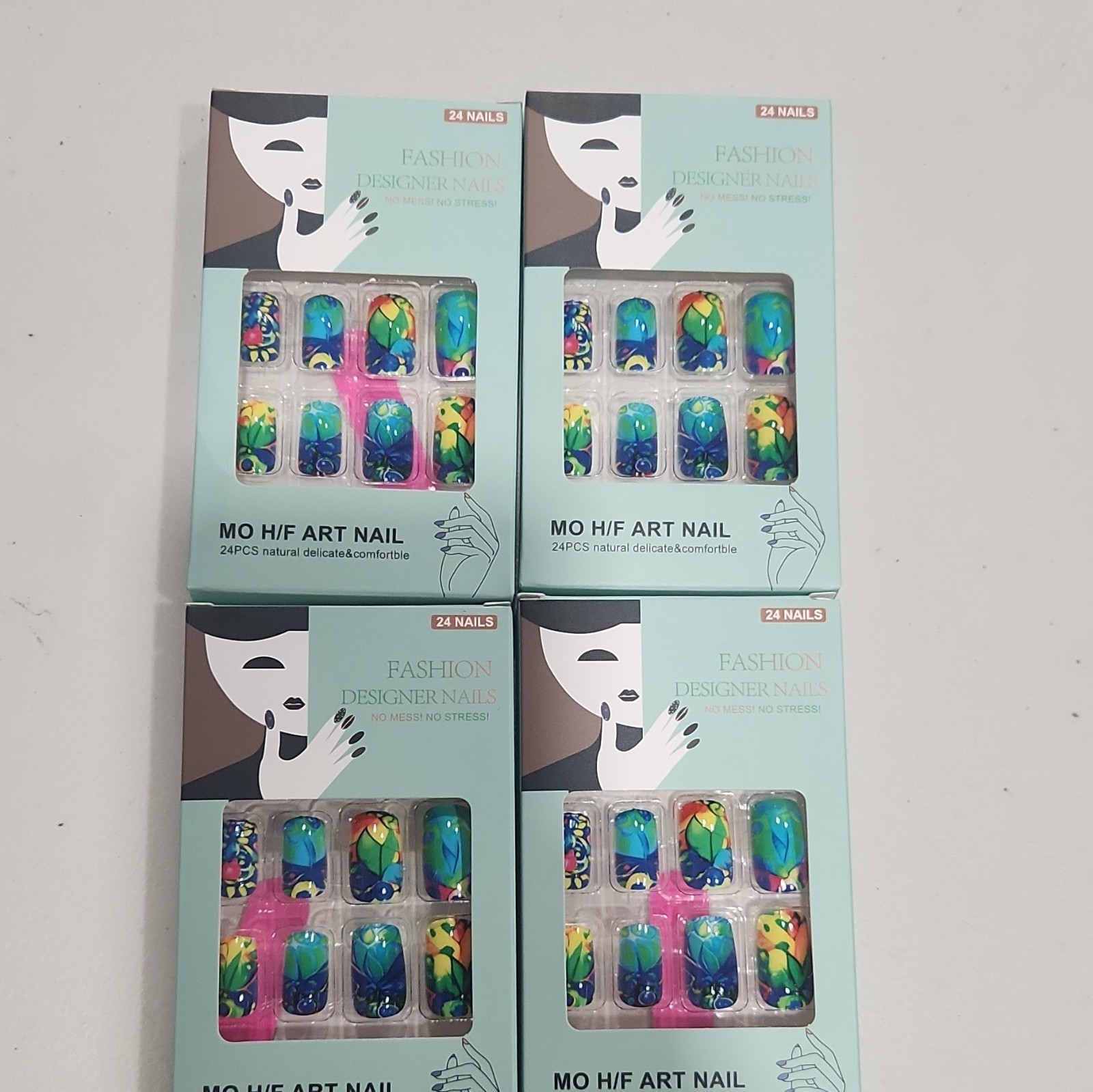 4 pk Fashion Pre-Designed Shiny Multicolor Press-On Nails Nail Art for Finger