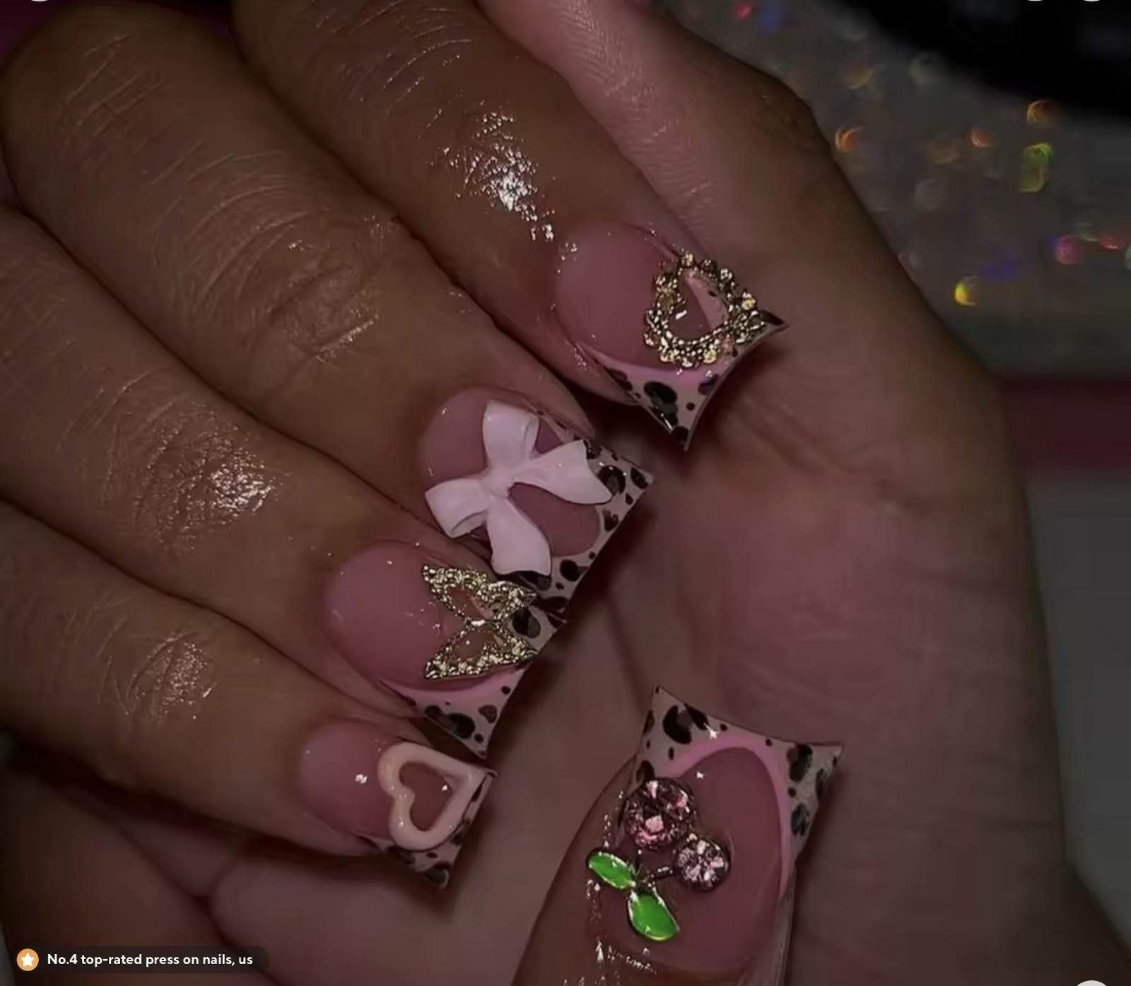 Long Square 3D Press-On Nails Pink Black Gold Heart Bow Animal Flower Design