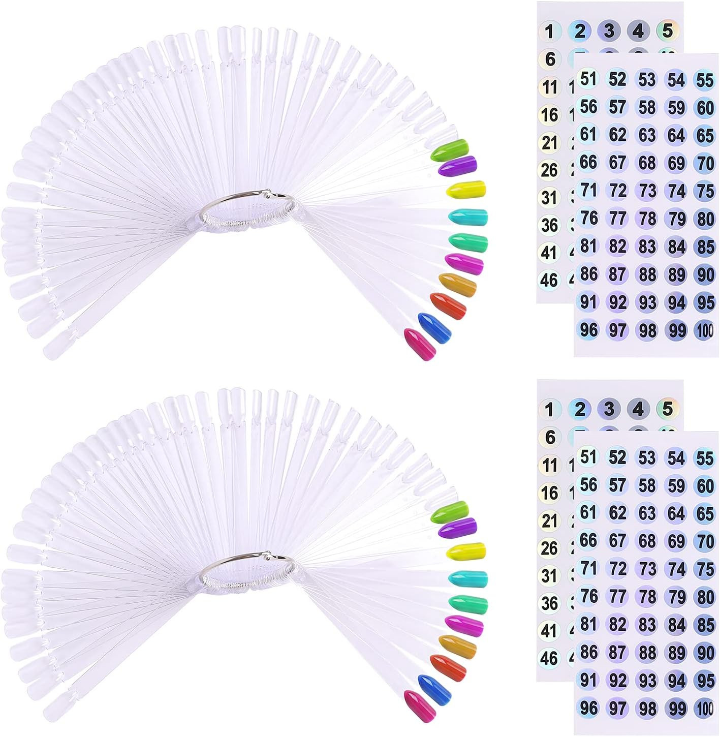 100 palitos de muestra de unas en forma de abanico con pegatinas de numeros