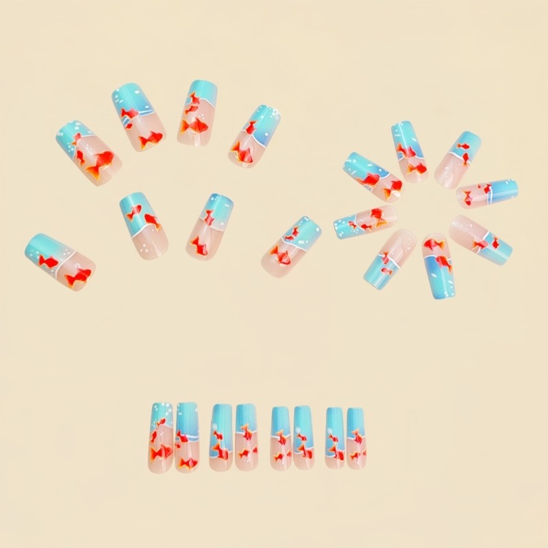 French Fake Nail Glossy Fish Design False Nail,Artificial Nail Glues on Nail