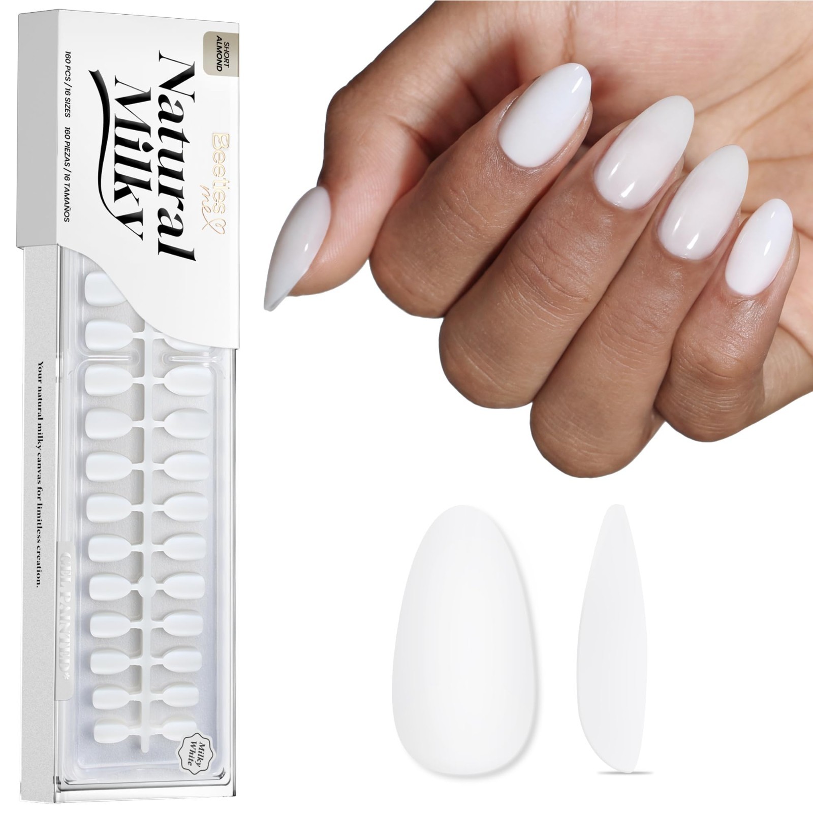 Natural Milky White Nail Tips – 160PCS Short Almond Full Cover Gel Nails, DIY Ma