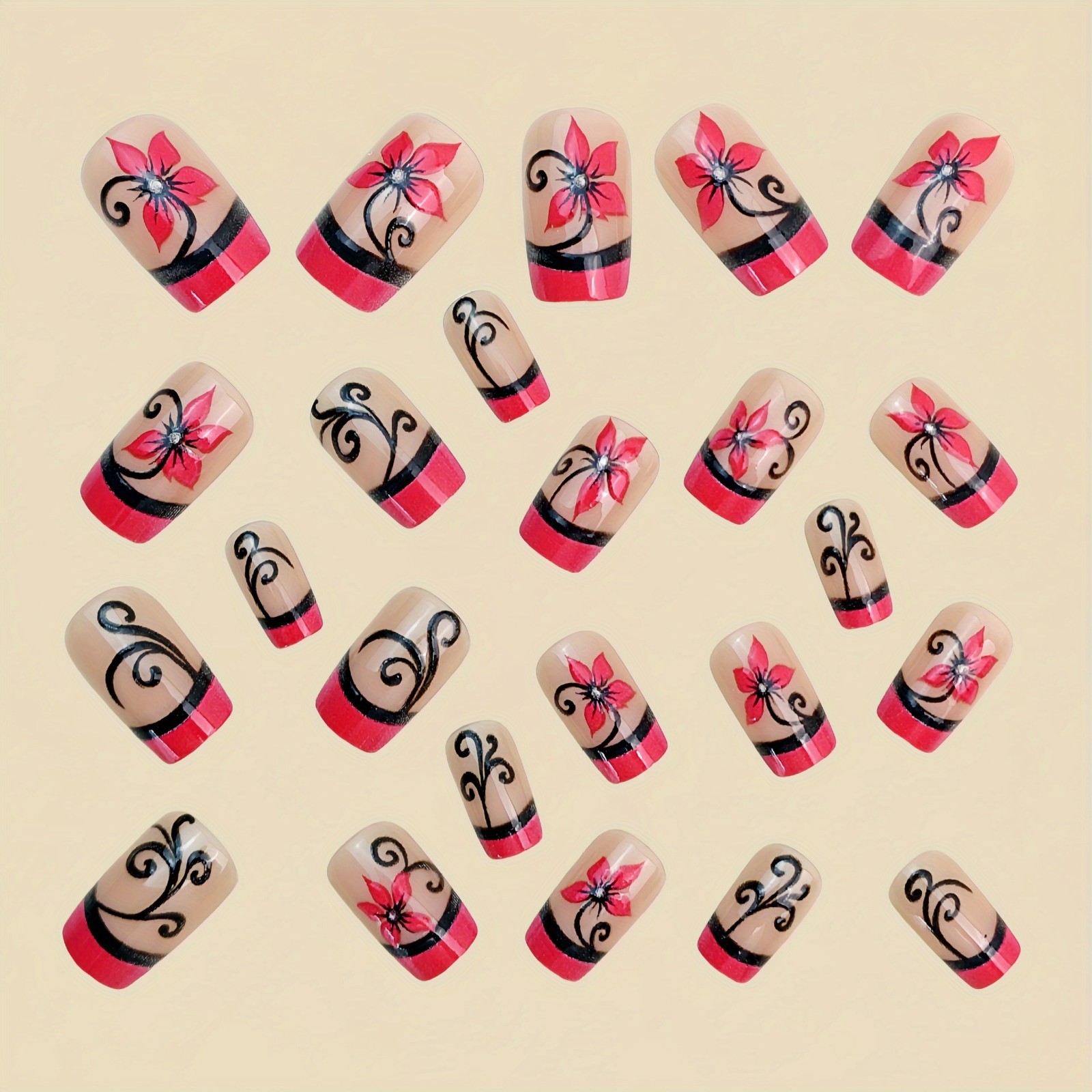 48pcs Press on Nails Pink Black Floral Swirl Square Reusable Glossy Fake Nails