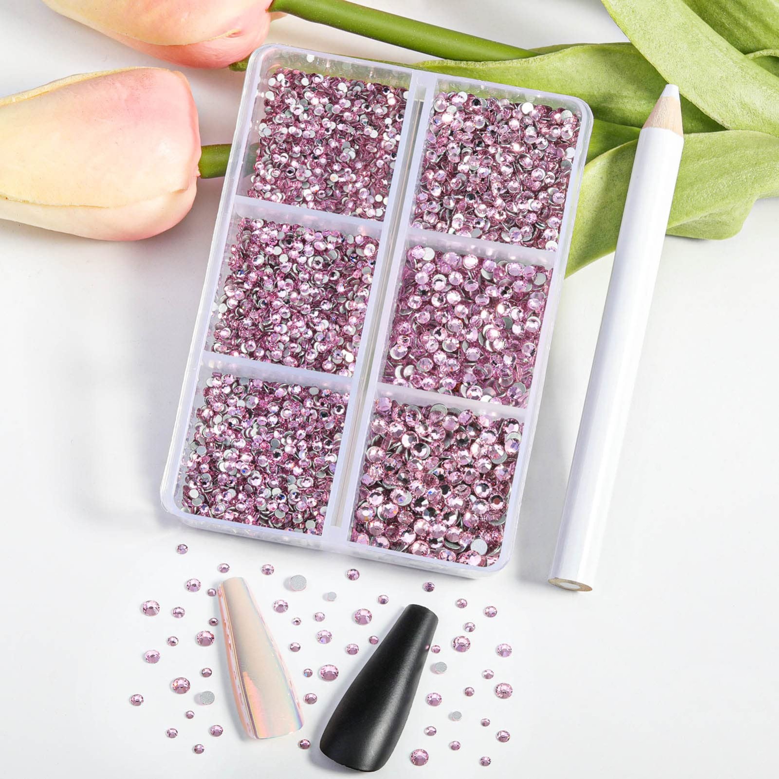 Flatback Rhinestones 7200pcs Light Pink Mixed Sizes | Glass Nail Gems & Wax Penc