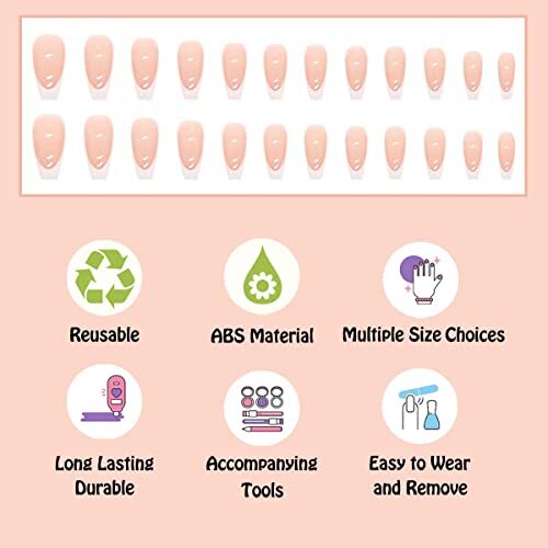 Press on Nails Short Coffin, French Tip for Women with Nude Pink Medium White