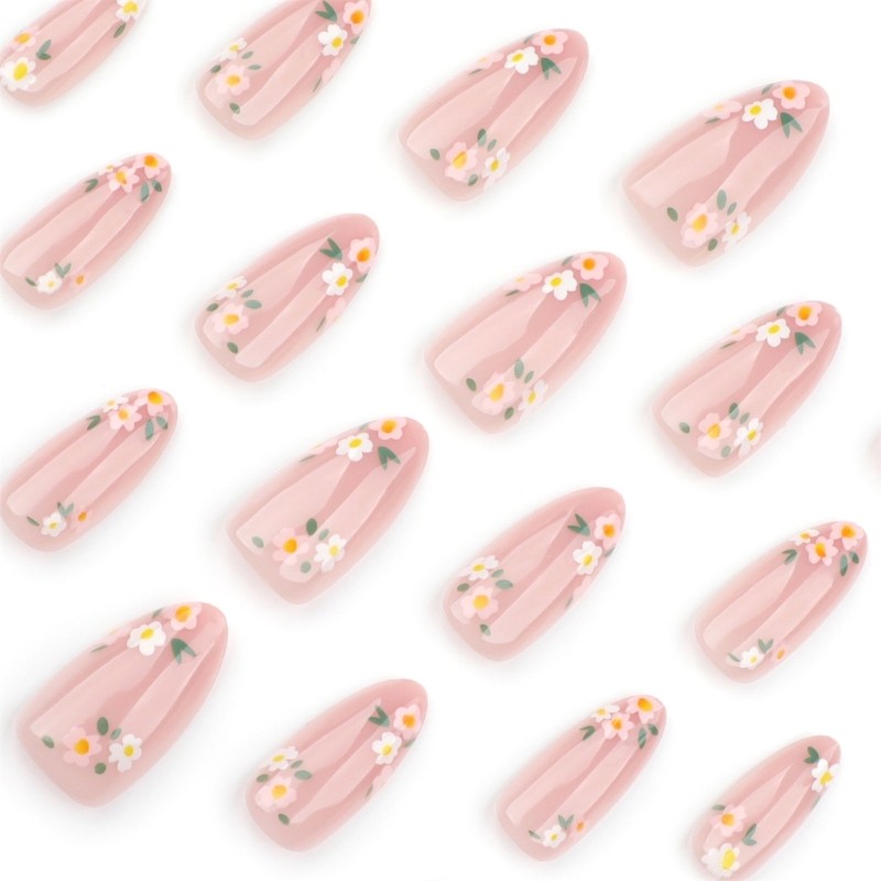 24 Pcs Lovely Flowers False Nail Sweet Press On Nail Almond Shape Acrylic Nail