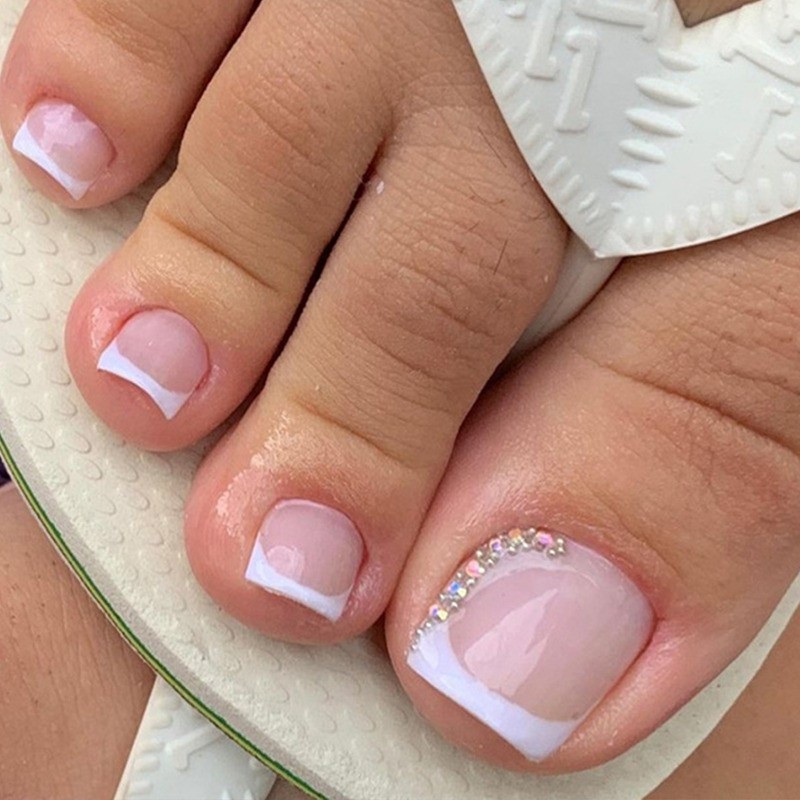 48Pcs-Nude White French Rhinestone Short Square Press on Toe Nail Set