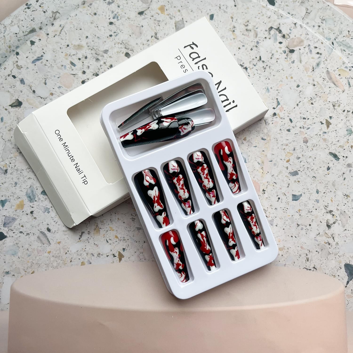 Halloween Press on Nails Long Coffin Fake Nails Black False Nail Tips with Sk…
