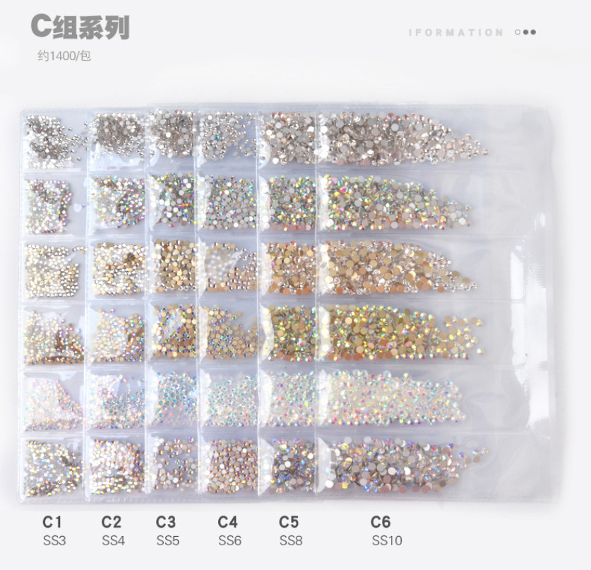 Mixed 1400Pcs SS3-SS8 Nail Art Crystal Glass Flat Back Faceted Rhinestone Beads