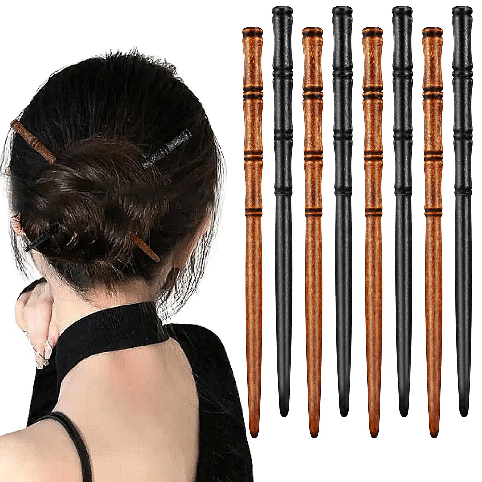 8 Pieces Hair Chopsticks Bamboo Shape 1 Count (Pack of 8), Black, Brown