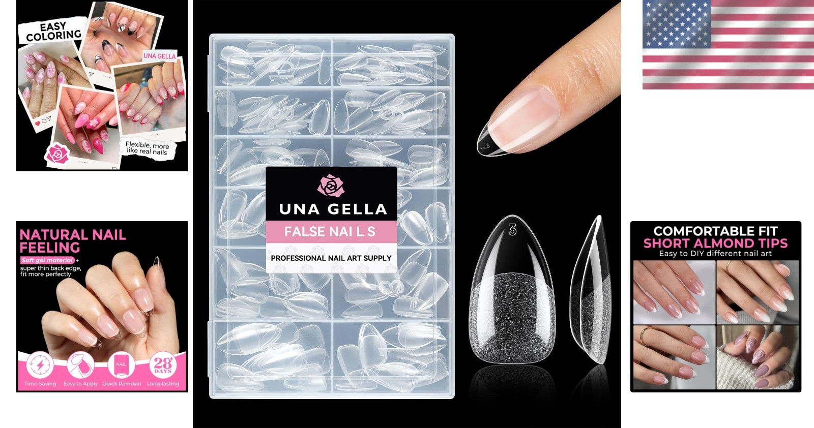 Salon-Quality Short Almond Nail Tips – 216 Pre-shaped Gel Acrylic Tips, 12 Sizes