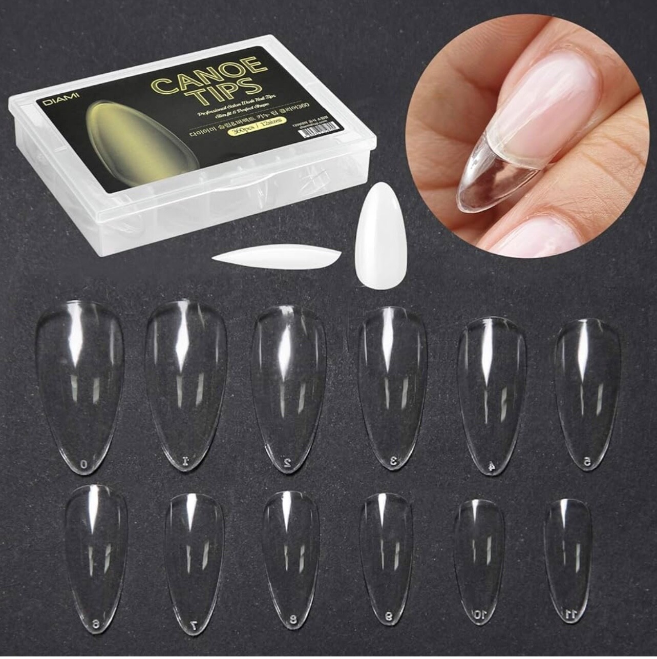 DIAMI Canoe Tips Clear 1box 360pcs 12sizes – Long Oval Shaped Nail Tips | Cle…