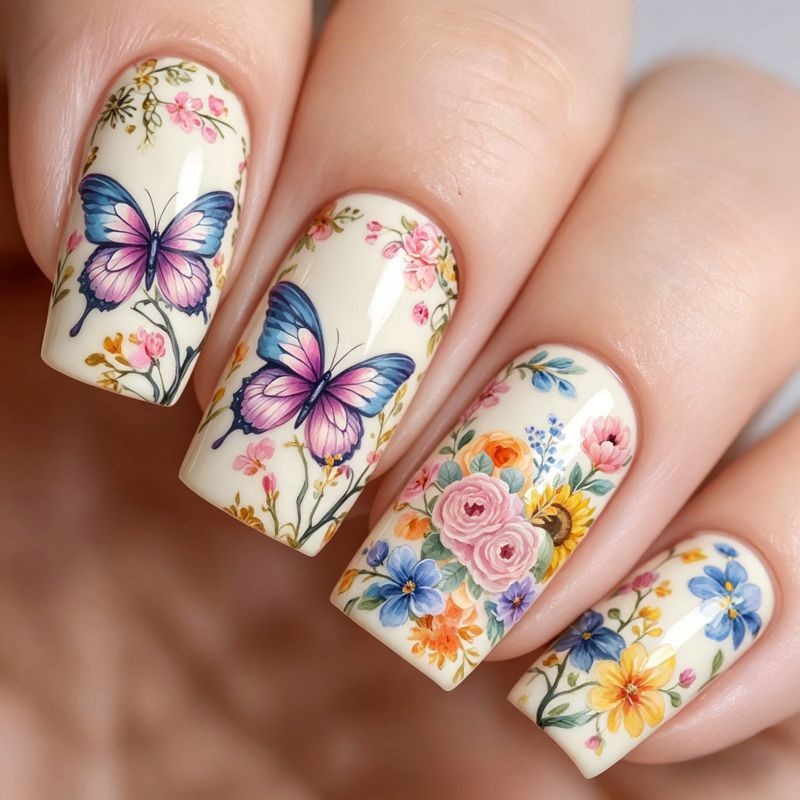 96Pcs Medium Rectangle Nails, Retro Blue Tone, Flower & Butterfly Pattern