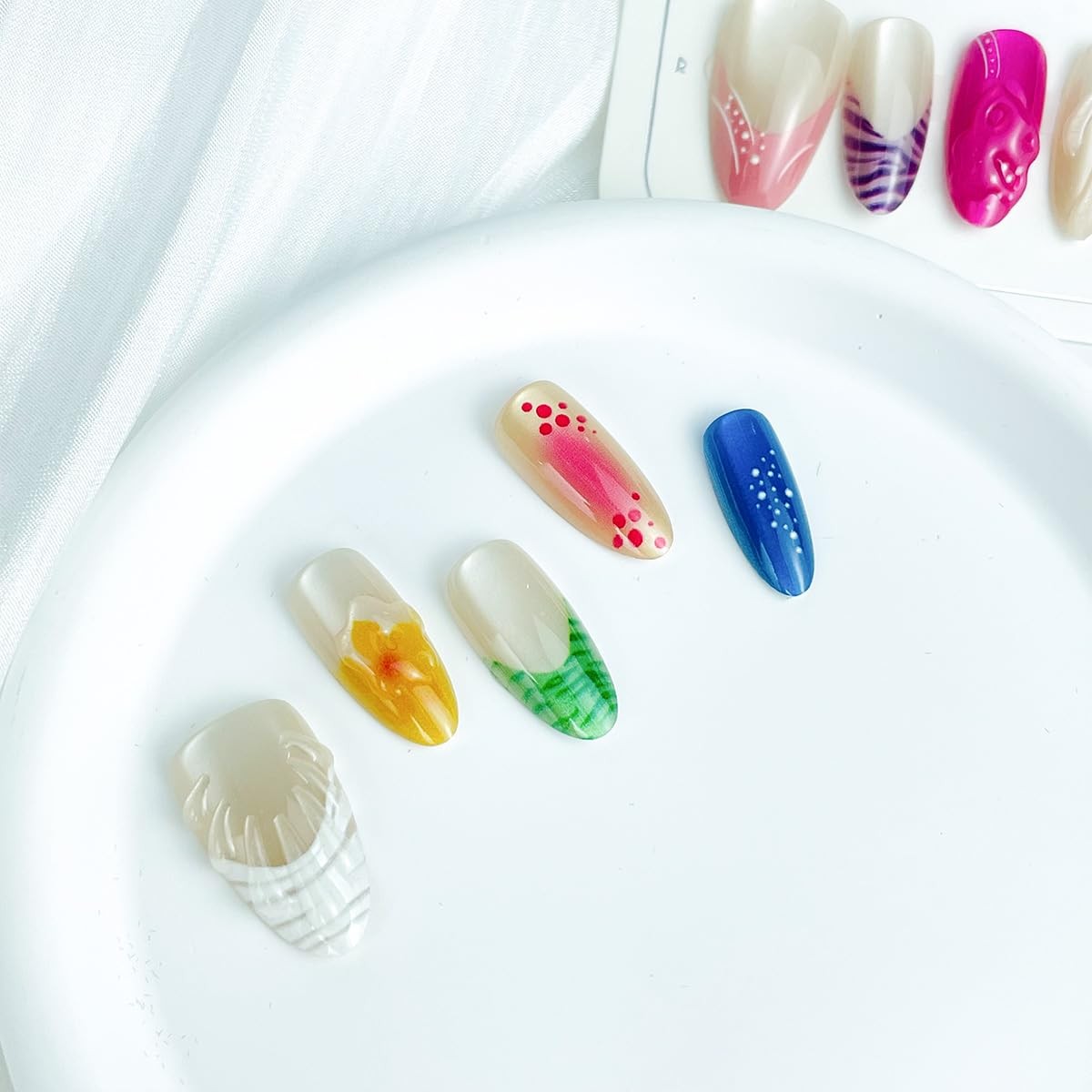 10pcs Flower French Tip Press On Nails Colorful Glossy Almond Shaped Fake Nai…