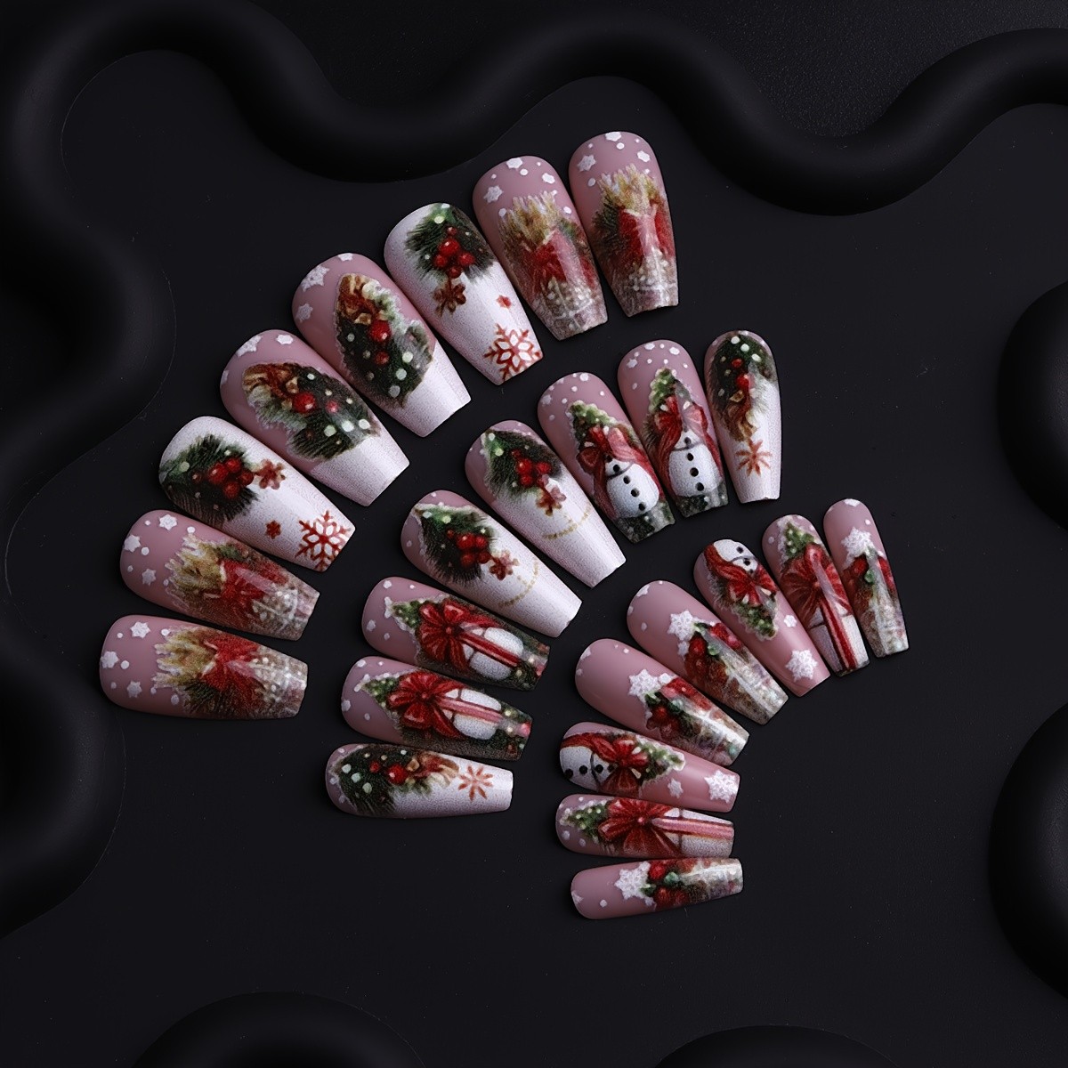 48PCS Christmas Press On Nails Almond Festive Fake Nails for Winter Holiday