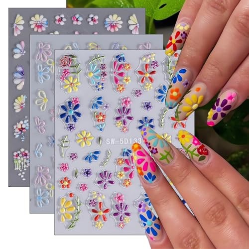 5D Flower Nail Art Stickers – Purple Pink Daisy & Yellow Blossom style7