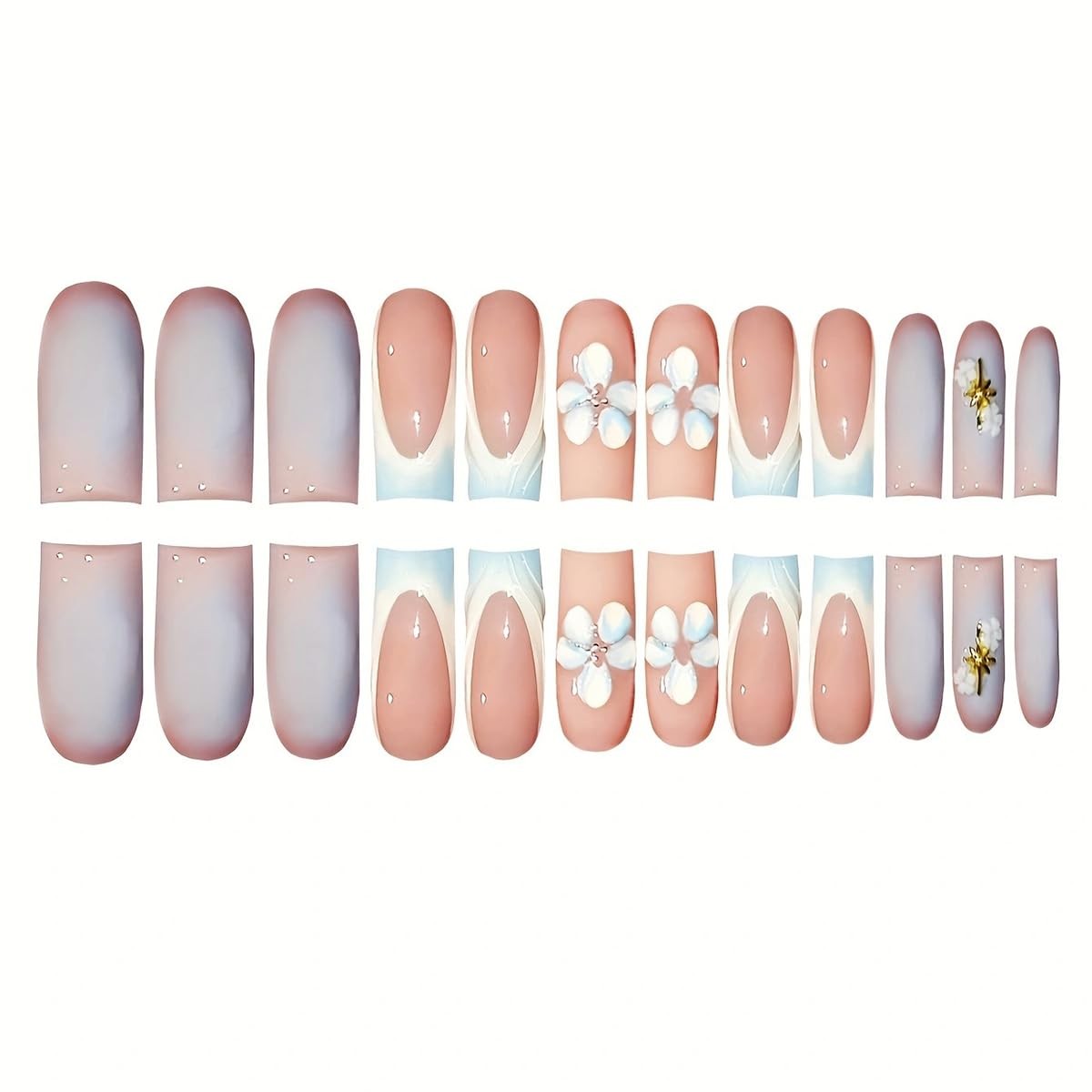 24Pcs Blue French Tip Almond Plastic Glossy Full Cover Nail Press-on False Na…