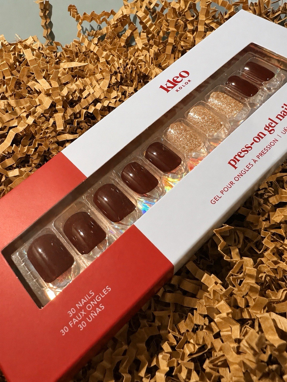 Kleo Kolor 30 Press-On Gel Nails~RETIRED Mocha Mood~Brown & Gold~Short Square