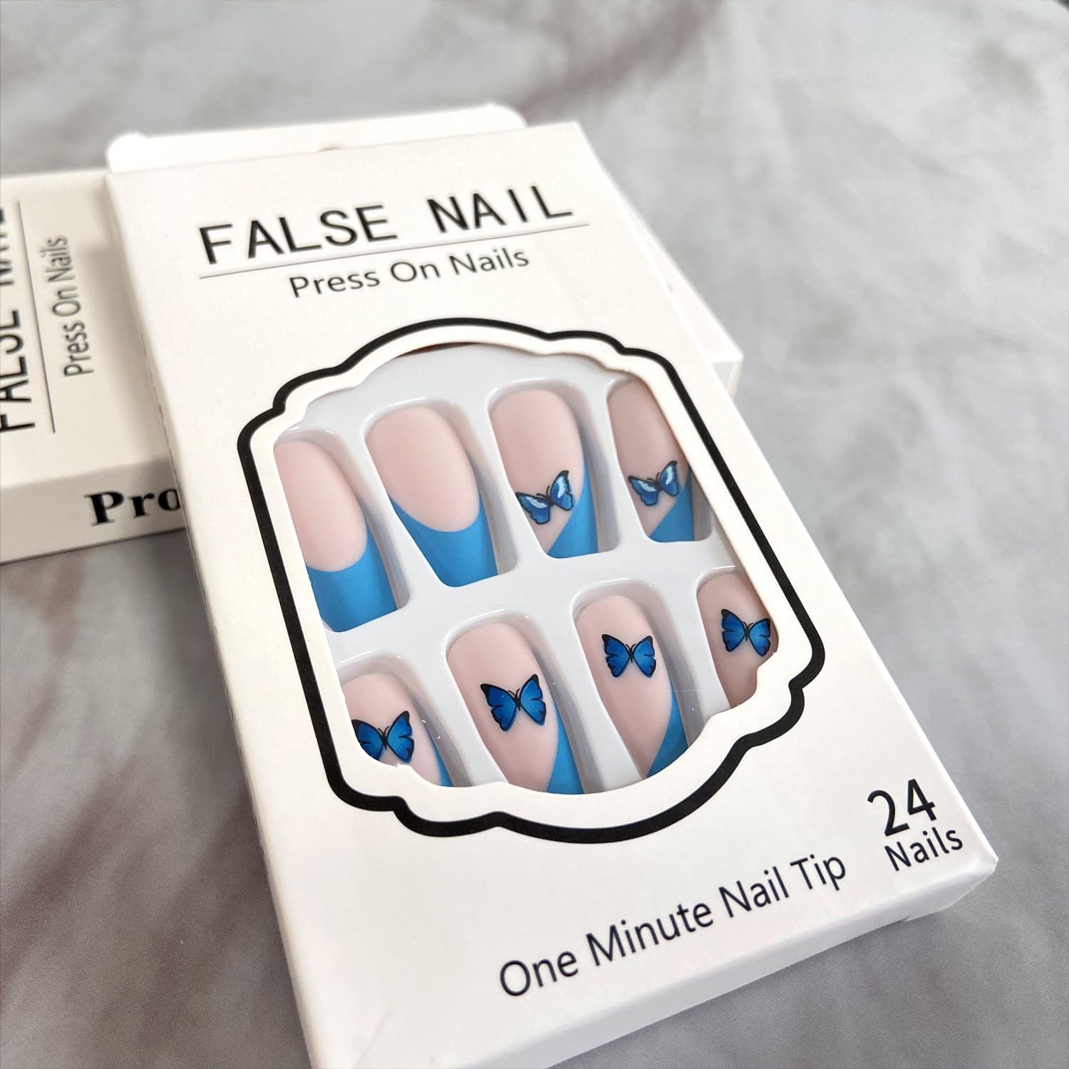 Blue French Tip Press on Nails Square Medium Length,Full Cover Reusable Coffi…