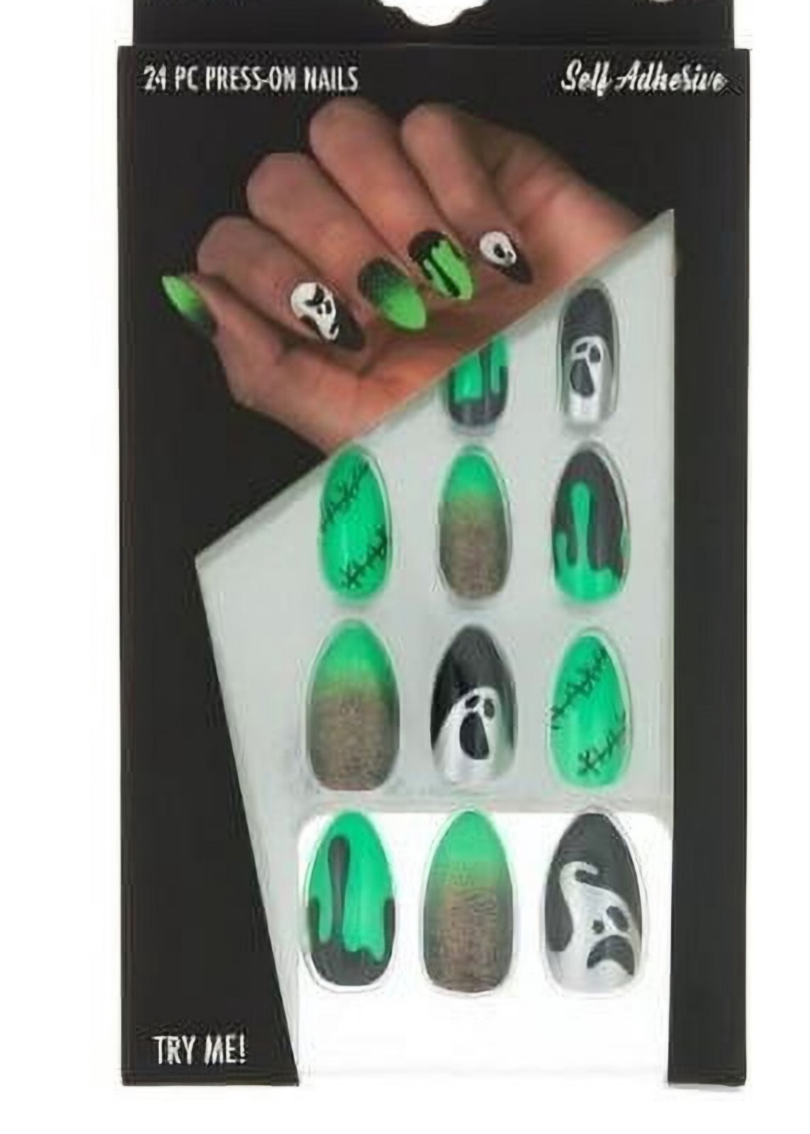 Way To Celebrate Hallowwen Press on Nails Green and Black 24 Pack New