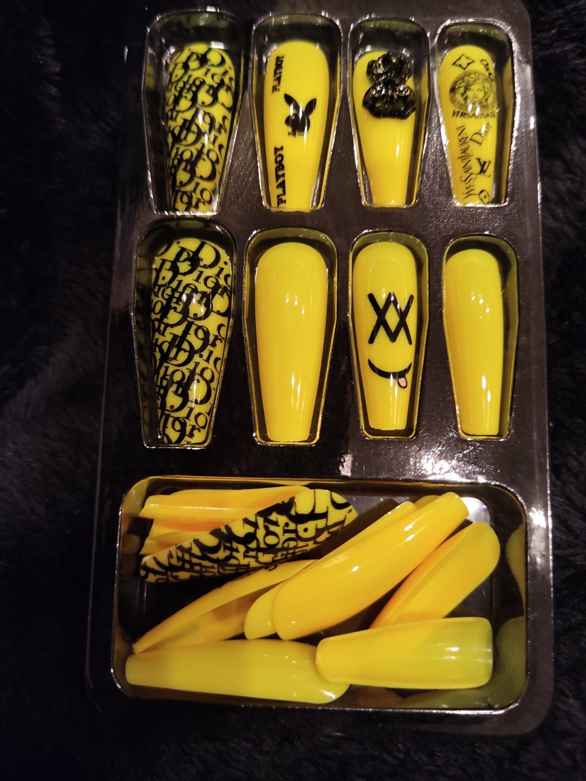 Yellow Black Luxury Salon Press On Nails Fashion Logo Design Long Coffin Glossy