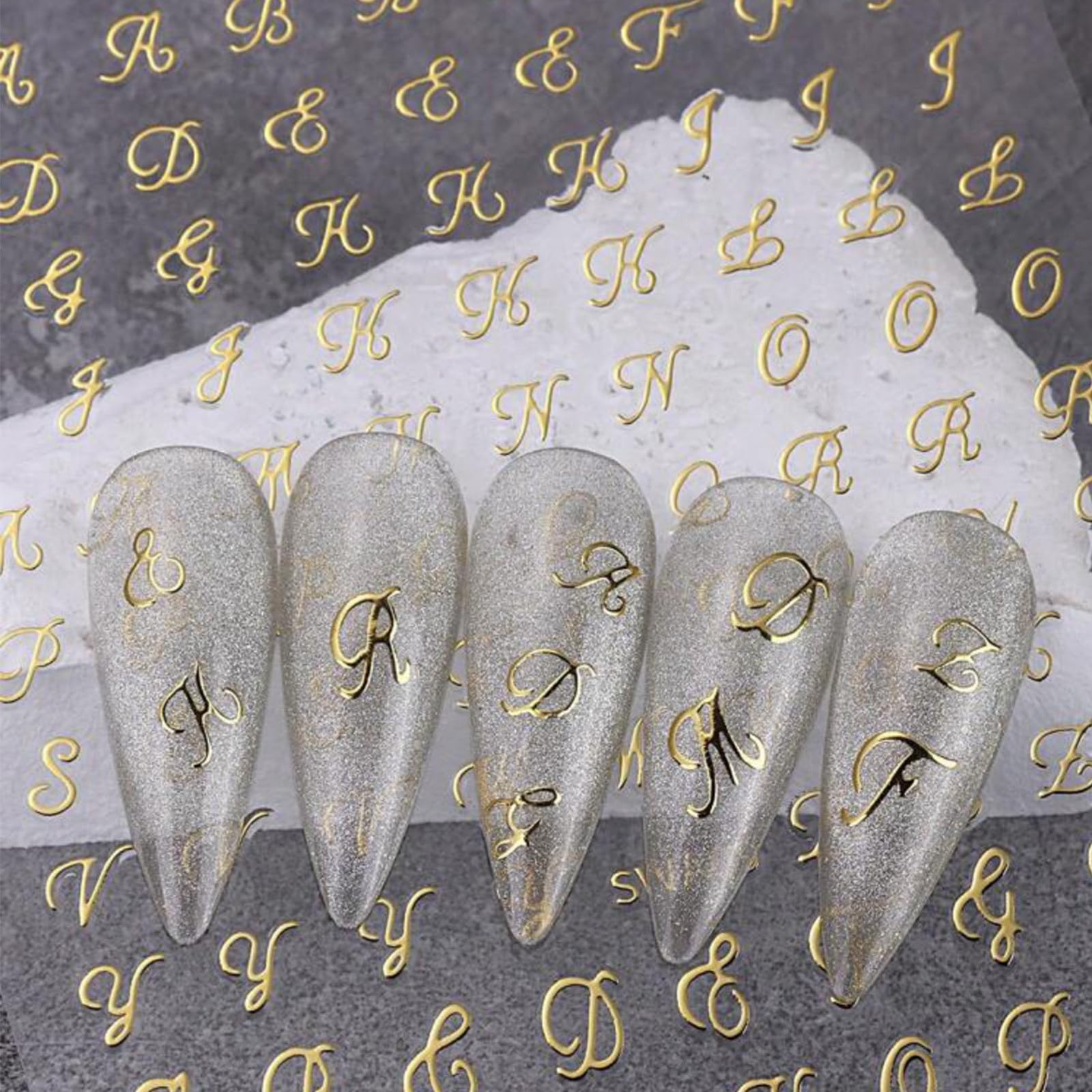 NOOEPC Letter Nail Stickers, 8 Sheets 3D Gold, Silver, Black and White